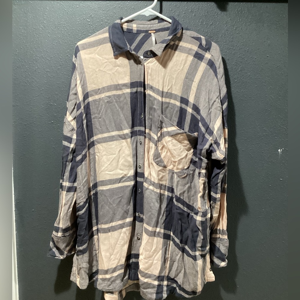 Free people no limits button up linen pink plaid shirt M